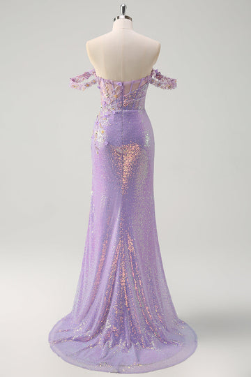Robe de soirée scintillante sirène violet clair à paillettes à épaules dénudées avec fente